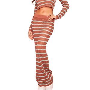 PrettyLittleThing Stripe Crochet Knit Maxi - Size Large - Mocha